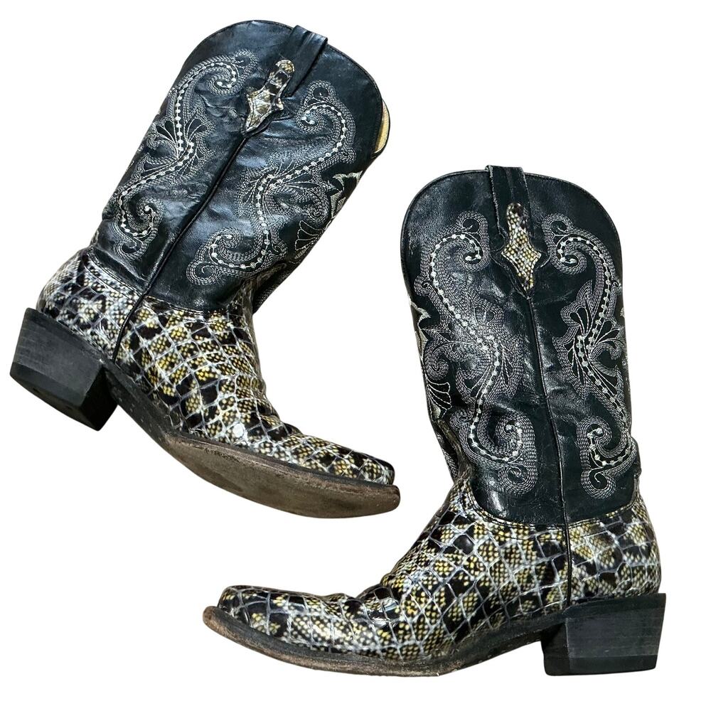 Ferrini Black Leather & "Snakeskin" Cowboy Boots Women's Size 10 Great Condition